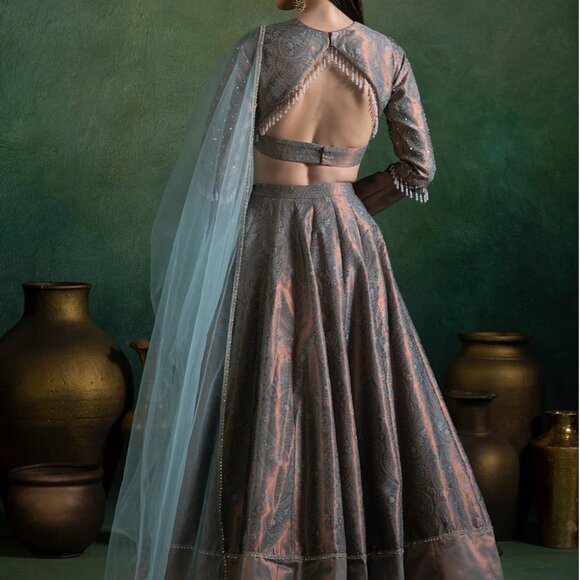 Silk Gray Mint pearls silver Embroidered Lehenga set with dupatta - Picture 5 of 12